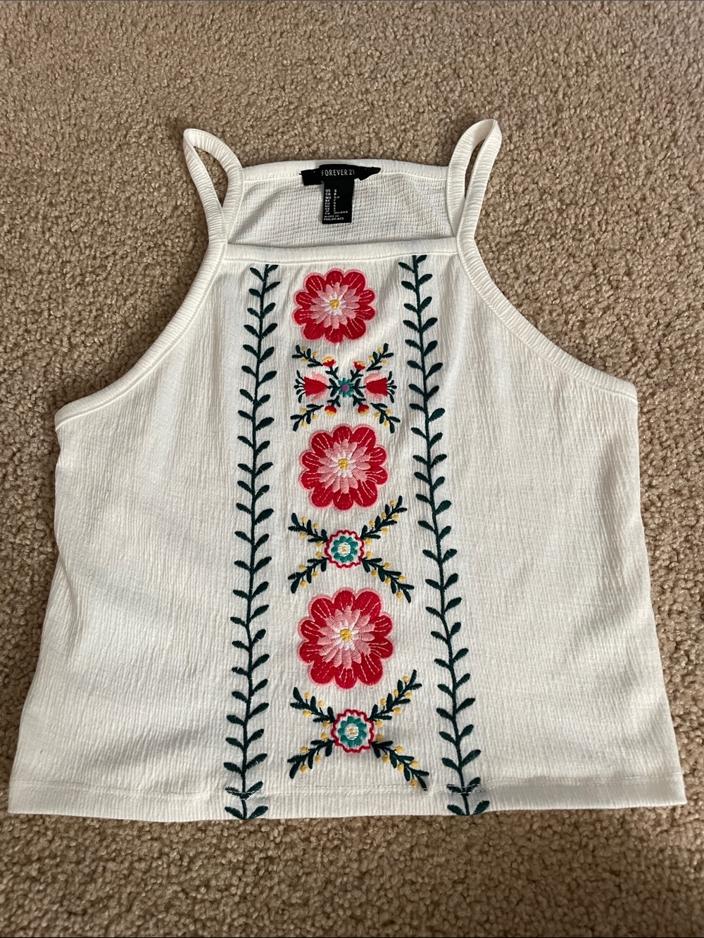 Forever 21 White Floral Embroidered Halter Crop Top size small